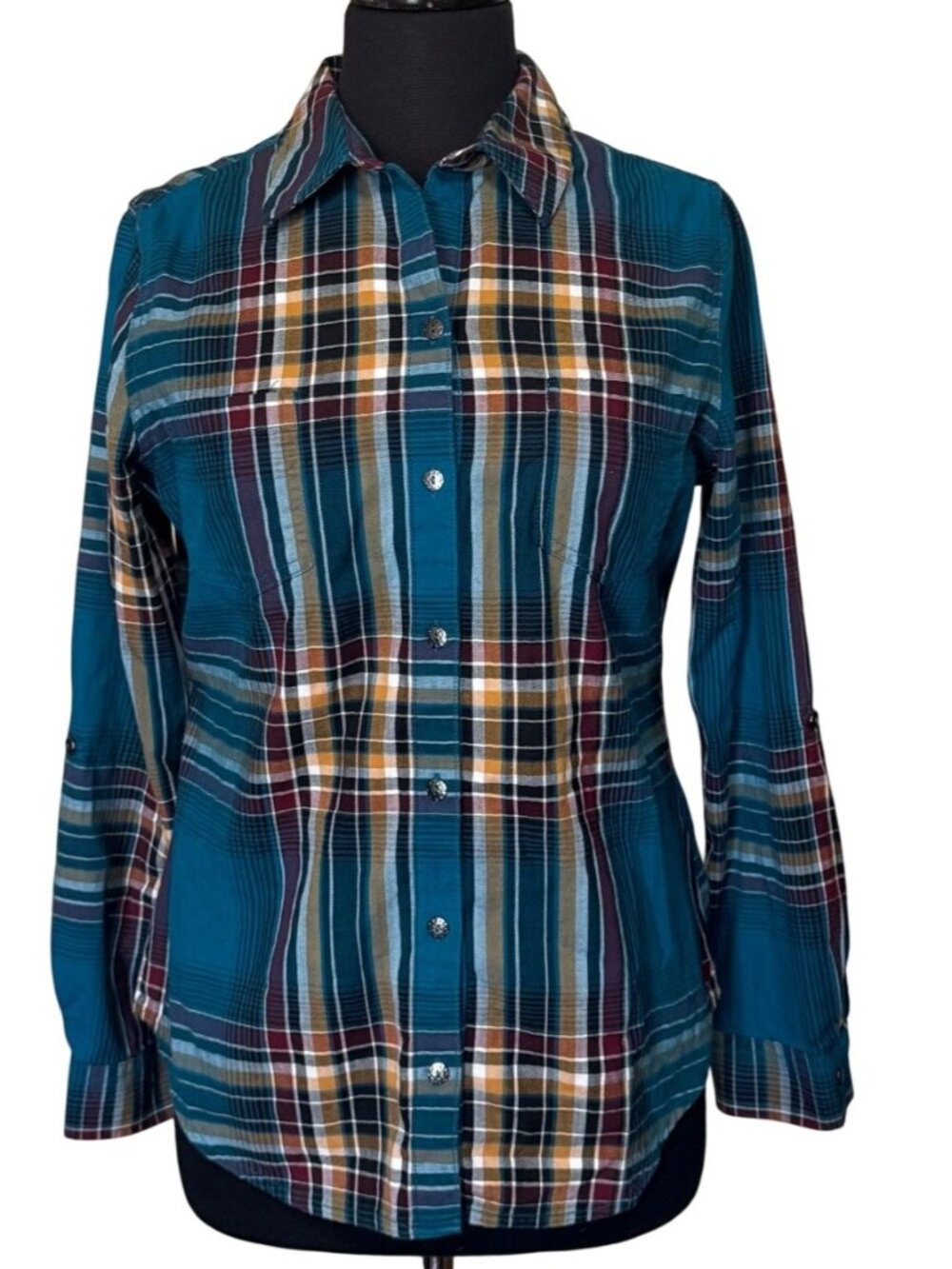 Allison Daley Teal Blue Multicolored Plaid Button-Up Shirt Women's Size L (READ)